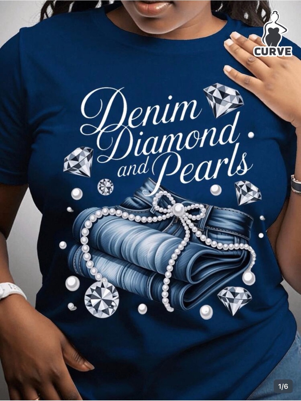 Denim Diamond and Pearls Graphic Tee - Navy